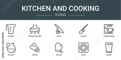 set of 10 outline web kitchen and cooking icons such as pitcher, extractor hood, knife, lighter, coffee maker, pitcher, pepper vector icons for report, presentation, diagram, web design, mobile app