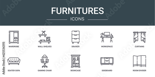 set of 10 outline web furnitures icons such as wardrobe, wall shelves, drawer, workspace, curtains, seater sofa, gaming chair vector icons for report, presentation, diagram, web design, mobile app © MacroOne