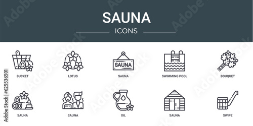 set of 10 outline web sauna icons such as bucket, lotus, sauna, swimming pool, bouquet, sauna, vector icons for report, presentation, diagram, web design, mobile app