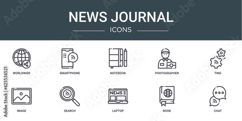 set of 10 outline web news journal icons such as worldwide, smartphone, notebook, photographer, ting, image, search vector icons for report, presentation, diagram, web design, mobile app
