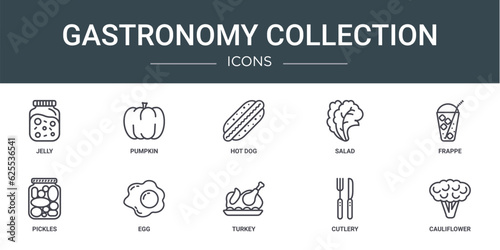 set of 10 outline web gastronomy collection icons such as jelly, pumpkin, hot dog, salad, frappe, pickles, egg vector icons for report, presentation, diagram, web design, mobile app