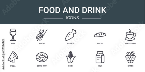 set of 10 outline web food and drink icons such as wine, wheat, carrot, bread, coffee cup, pizza, doughnut vector icons for report, presentation, diagram, web design, mobile app