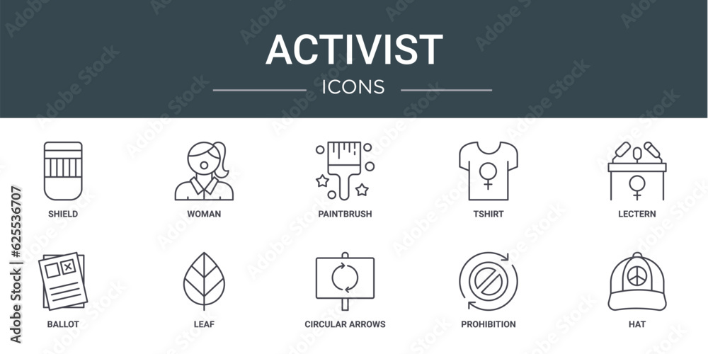 set of 10 outline web activist icons such as shield, woman, paintbrush, tshirt, lectern, ballot, leaf vector icons for report, presentation, diagram, web design, mobile app