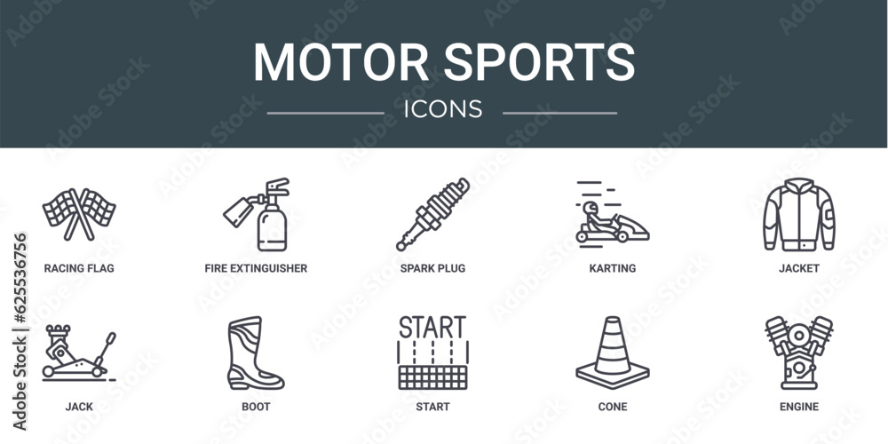 set of 10 outline web motor sports icons such as racing flag, fire extinguisher, spark plug, karting, jacket, jack, boot vector icons for report, presentation, diagram, web design, mobile app set of 10 outline web motor sports icons such as racing flag, fire extinguisher, spark plug, karting, jacket, jack, boot vector icons for report, presentation, diagram, web design, mobile app