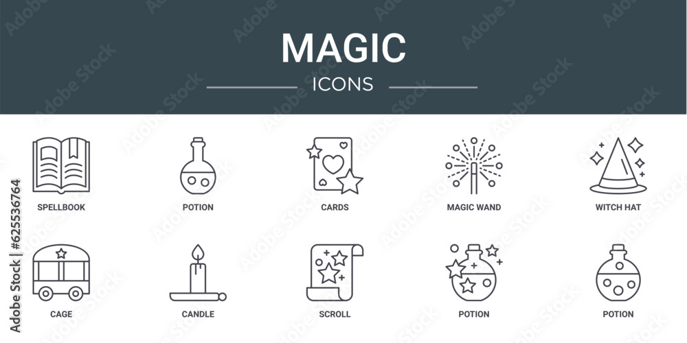 set of 10 outline web magic icons such as spellbook, potion, cards, magic wand, witch hat, cage, candle vector icons for report, presentation, diagram, web design, mobile app