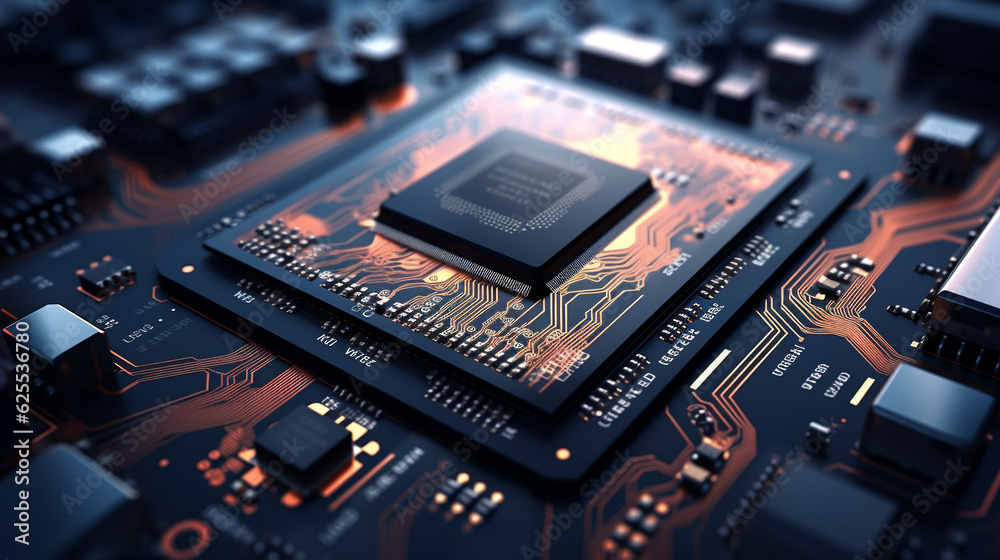 Technology and science background Close up of an electrical circuit board with a CPU, a microchip, and other electronic components 