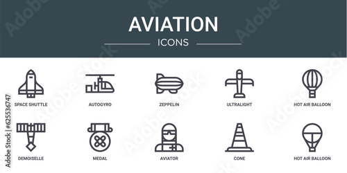 set of 10 outline web aviation icons such as space shuttle, autogyro, zeppelin, ultralight, hot air balloon, demoiselle, medal vector icons for report, presentation, diagram, web design, mobile app