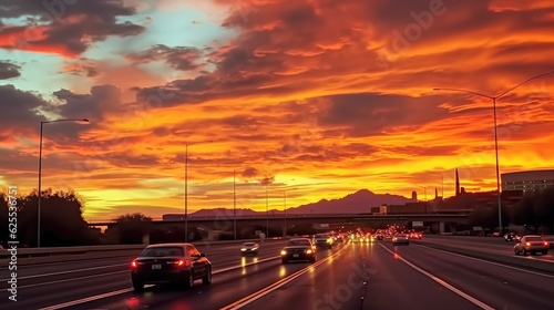 Sunset at the arizona freeway  in the style of vibrant and lively hues. Generative AI