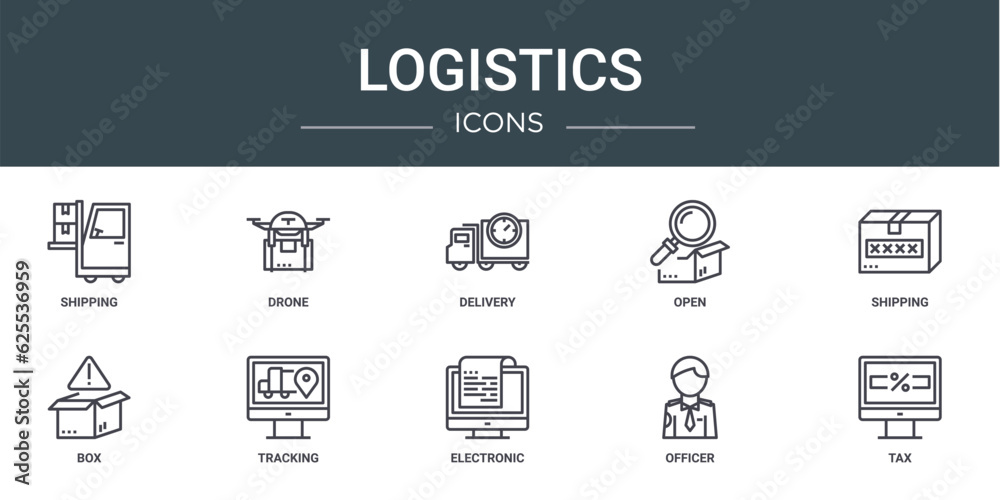 set of 10 outline web logistics icons such as shipping, drone, delivery, open, shipping, box, tracking vector icons for report, presentation, diagram, web design, mobile app