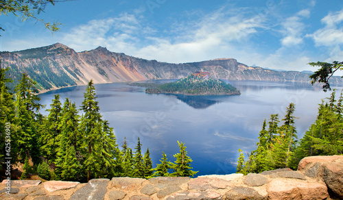 Crater lake national park, Oregon state, USA, pine trees in the mountains