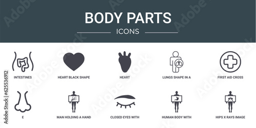 set of 10 outline web body parts icons such as intestines, heart black shape for valentines, heart, lungs shape in a circle on a human body, first aid cross in a circle, e, man holding hand bones x