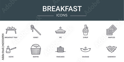 set of 10 outline web breakfast icons such as breakfast tray, honey, pie, syrup, waffles, cezve, muffin vector icons for report, presentation, diagram, web design, mobile app