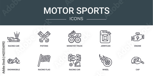 set of 10 outline web motor sports icons such as racing car, pistons, monster truck, jerrycan, engine, snowmobile, racing flag vector icons for report, presentation, diagram, web design, mobile app