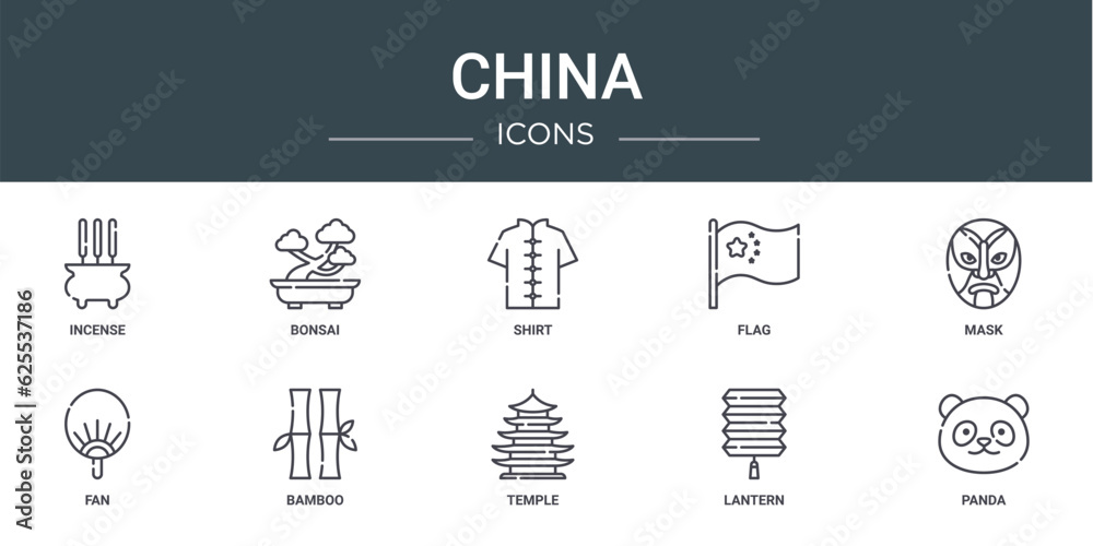 set of 10 outline web china icons such as incense, bonsai, shirt, flag, mask, fan, bamboo vector icons for report, presentation, diagram, web design, mobile app