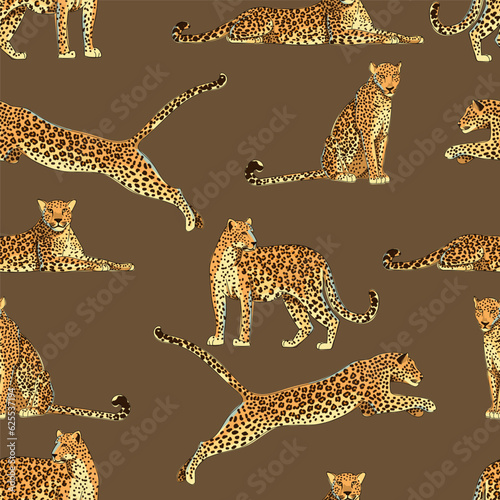 Seamless pattern with leopard animals on a dark brown background. The predator lies, sits, jumps and stands. Cartoon style. Hand drawn. Vector illustration.