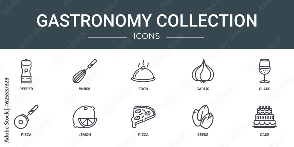 set of 10 outline web gastronomy collection icons such as pepper, whisk, food, garlic, glass, pizza, lemon vector icons for report, presentation, diagram, web design, mobile app set of 10 outline web gastronomy collection icons such as pepper, whisk, food, garlic, glass, pizza, lemon vector icons for report, presentation, diagram, web design, mobile app