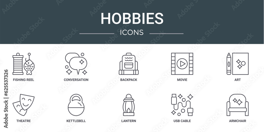 set of 10 outline web hobbies icons such as fishing reel, conversation, backpack, movie, art, theatre, kettlebell vector icons for report, presentation, diagram, web design, mobile app
