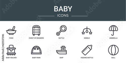 set of 10 outline web baby icons such as food, chest of drawers, rattle, mobile, umbrella, baby walker, baby park vector icons for report, presentation, diagram, web design, mobile app