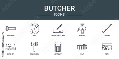 set of 10 outline web butcher icons such as hand saw, ribs, sharpening stone, mincer, carving, butcher, tenderizer vector icons for report, presentation, diagram, web design, mobile app