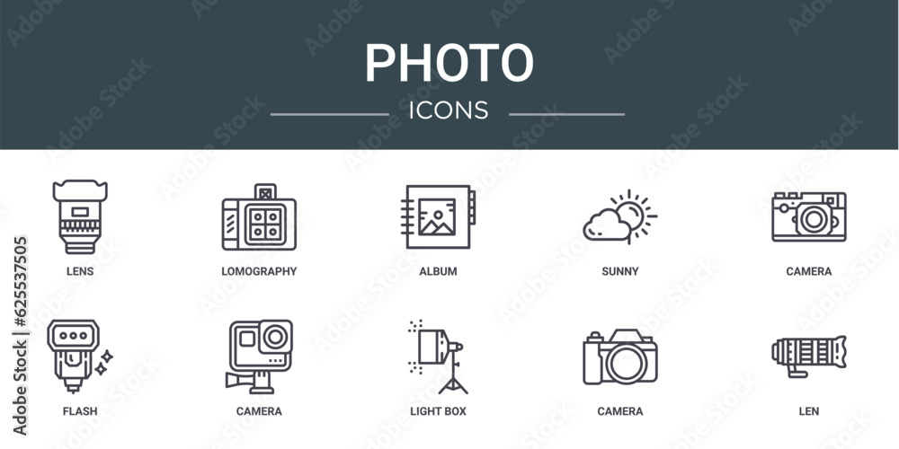 set of 10 outline web photo icons such as lens, lomography, album, sunny, camera, flash, camera vector icons for report, presentation, diagram, web design, mobile app