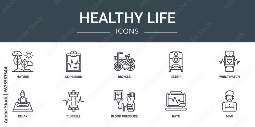 set of 10 outline web healthy life icons such as nature, clipboard, bicycle, sleep, wristwatch, relax, dumbell vector icons for report, presentation, diagram, web design, mobile app