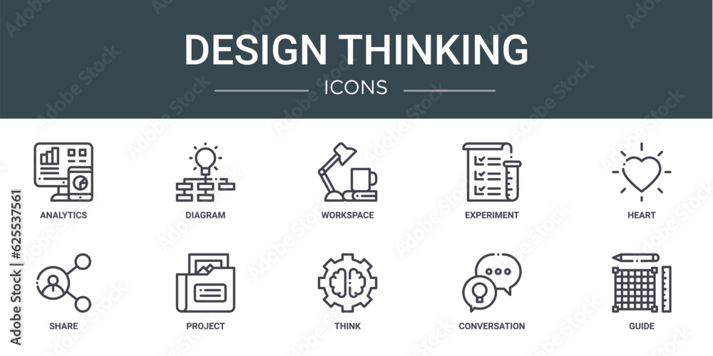 set of 10 outline web design thinking icons such as analytics, diagram, workspace, experiment, heart, share, project vector icons for report, presentation, diagram, web design, mobile app