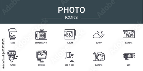set of 10 outline web photo icons such as lens, lomography, album, sunny, camera, flash, camera vector icons for report, presentation, diagram, web design, mobile app