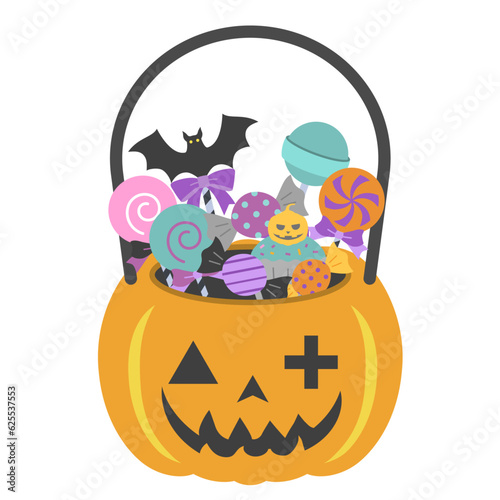 ハロウィンのカボチャのかわいいお菓子カゴのイラスト / ハロウィーン、かぼちゃ、キャンディ、ジャック・オ・ランタン、バスケット、ベクター