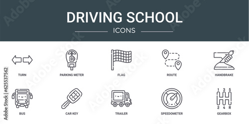 set of 10 outline web driving school icons such as turn, parking meter, flag, route, handbrake, bus, car key vector icons for report, presentation, diagram, web design, mobile app