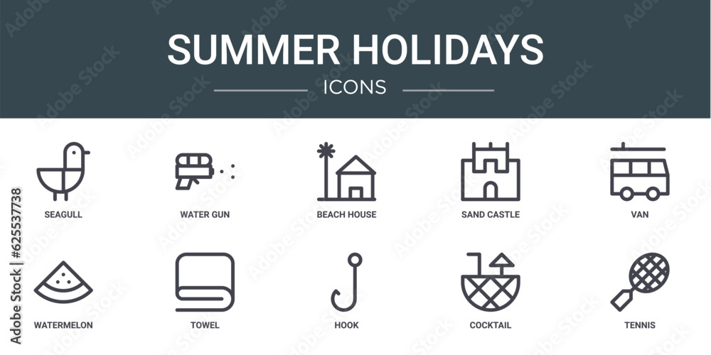 set of 10 outline web summer holidays icons such as seagull, water gun, beach house, sand castle, van, watermelon, towel vector icons for report, presentation, diagram, web design, mobile app