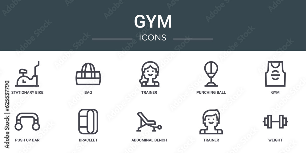 set of 10 outline web gym icons such as stationary bike, bag, trainer, punching ball, gym, push up bar, bracelet vector icons for report, presentation, diagram, web design, mobile app