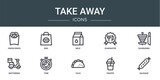 set of 10 outline web take away icons such as onion rings, bag, milk, guarantee, shawarma, motorbike, time vector icons for report, presentation, diagram, web design, mobile app