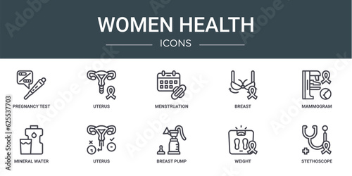set of 10 outline web women health icons such as pregnancy test, uterus, menstruation, breast, mammogram, mineral water, uterus vector icons for report, presentation, diagram, web design, mobile app