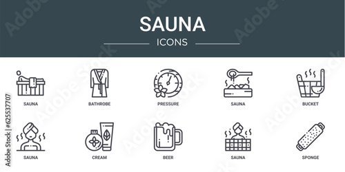 set of 10 outline web sauna icons such as sauna, bathrobe, pressure, sauna, bucket, cream vector icons for report, presentation, diagram, web design, mobile app