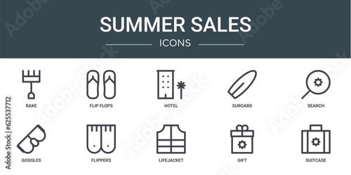 set of 10 outline web summer sales icons such as rake, flip flops, hotel, suroard, search, goggles, flippers vector icons for report, presentation, diagram, web design, mobile app