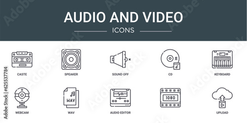 set of 10 outline web audio and video icons such as caste, speaker, sound off, cd, keyboard, webcam, wav vector icons for report, presentation, diagram, web design, mobile app