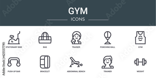 set of 10 outline web gym icons such as stationary bike, bag, trainer, punching ball, gym, push up bar, bracelet vector icons for report, presentation, diagram, web design, mobile app © MacroOne