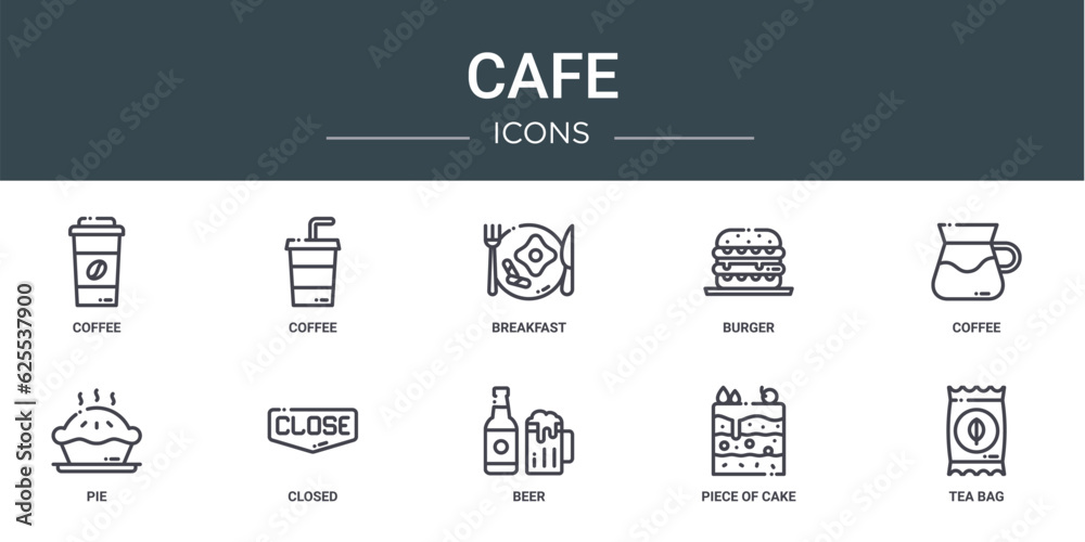 set of 10 outline web cafe icons such as coffee, coffee, breakfast, burger, coffee, pie, closed vector icons for report, presentation, diagram, web design, mobile app