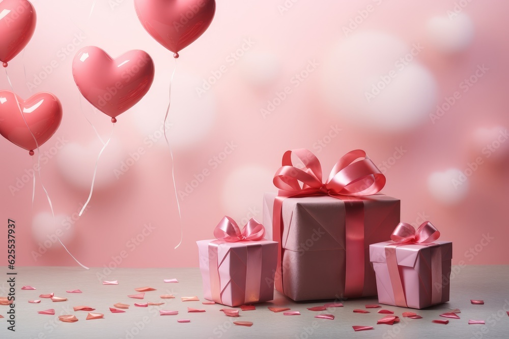 Gifts in pink wrapping paper with pink bows, heart-shaped balloons flying in the background, Valentine's Day, birthday, generative ai