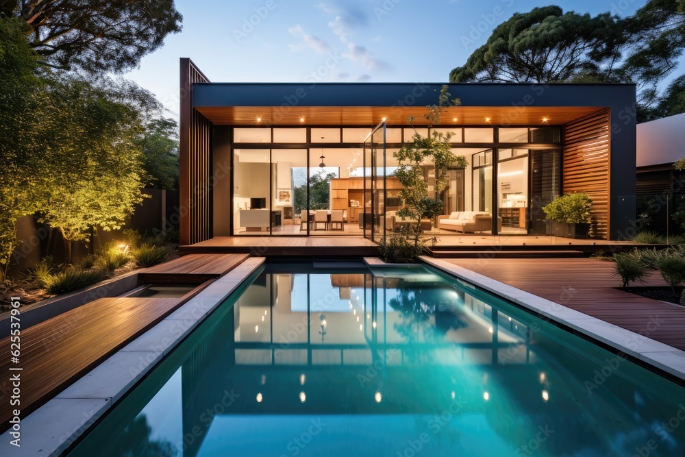 Stylish home featuring a swimming pool in the backyard.