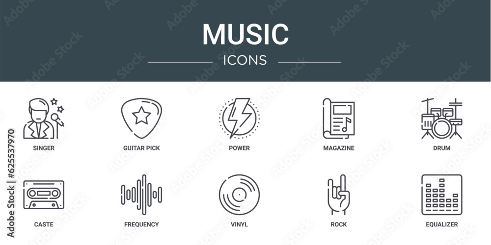 set of 10 outline web music icons such as singer, guitar pick, power, magazine, drum, caste, frequency vector icons for report, presentation, diagram, web design, mobile app