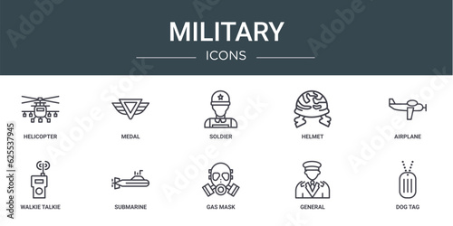 set of 10 outline web military icons such as helicopter, medal, soldier, helmet, airplane, walkie talkie, submarine vector icons for report, presentation, diagram, web design, mobile app