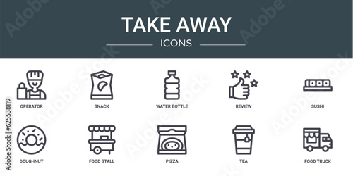set of 10 outline web take away icons such as operator, snack, water bottle, review, sushi, doughnut, food stall vector icons for report, presentation, diagram, web design, mobile app