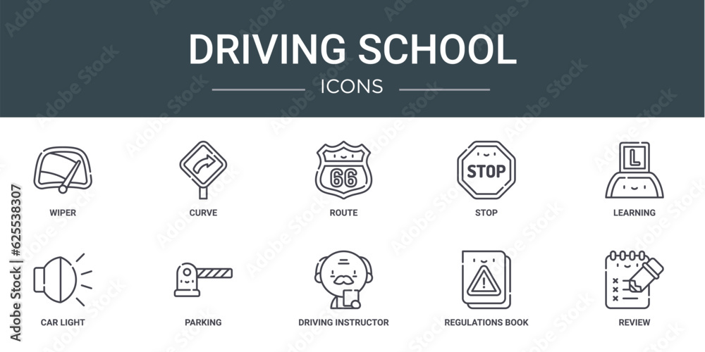 set of 10 outline web driving school icons such as wiper, curve, route, stop, learning, car light, parking vector icons for report, presentation, diagram, web design, mobile app