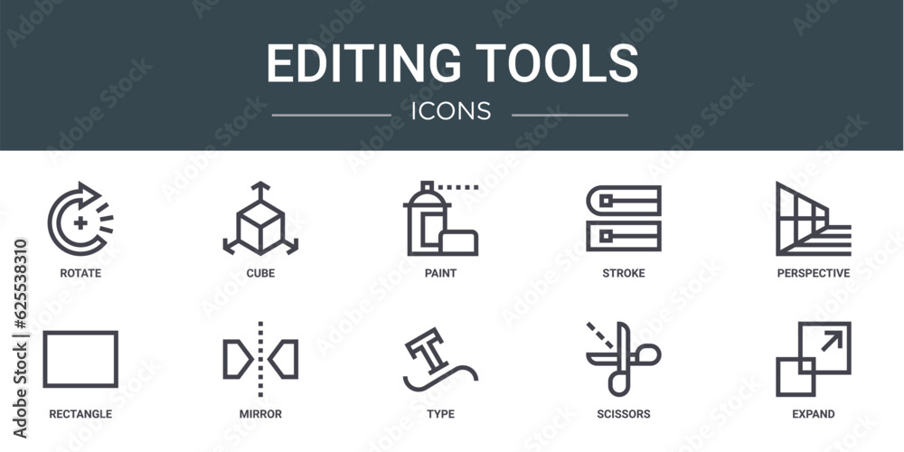 set of 10 outline web editing tools icons such as rotate, cube, paint, stroke, perspective, rectangle, mirror vector icons for report, presentation, diagram, web design, mobile app