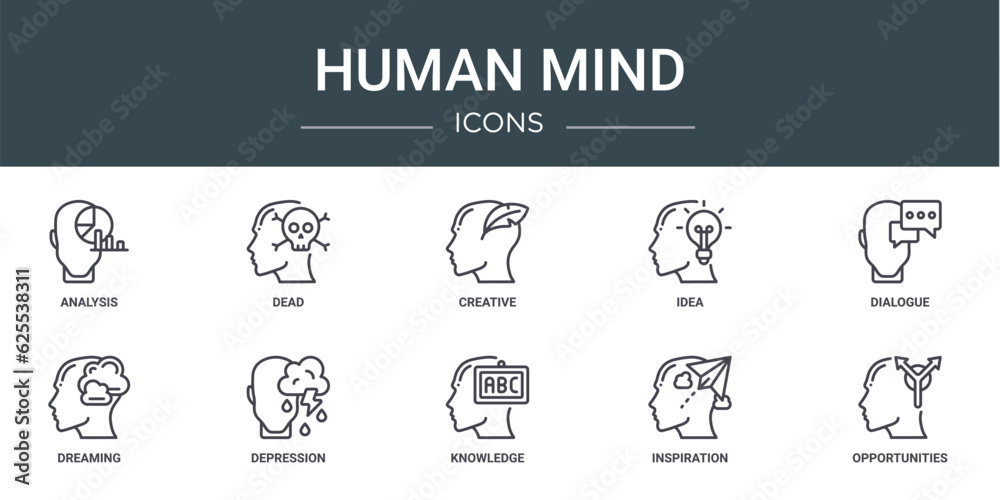 set of 10 outline web human mind icons such as analysis, dead, creative, idea, dialogue, dreaming, depression vector icons for report, presentation, diagram, web design, mobile app