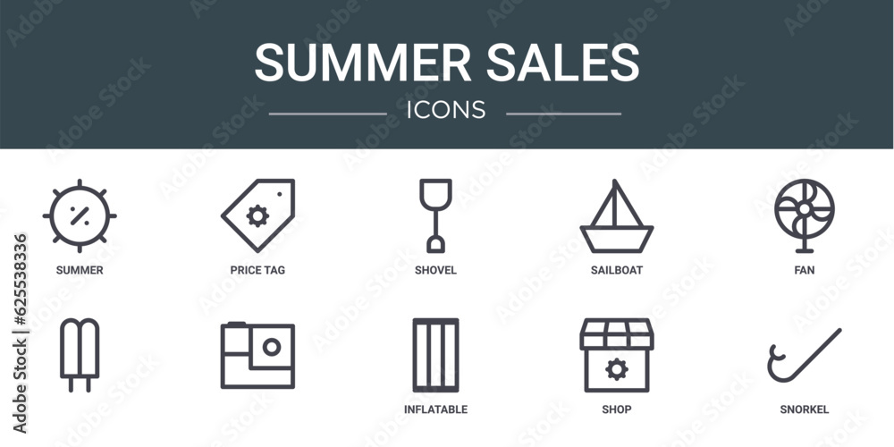 set of 10 outline web summer sales icons such as summer, price tag, shovel, sailboat, fan, , vector icons for report, presentation, diagram, web design, mobile set of 10 outline web summer sales icons such as summer, price tag, shovel, sailboat, fan, , vector icons for report, presentation, diagram, web design, mobile