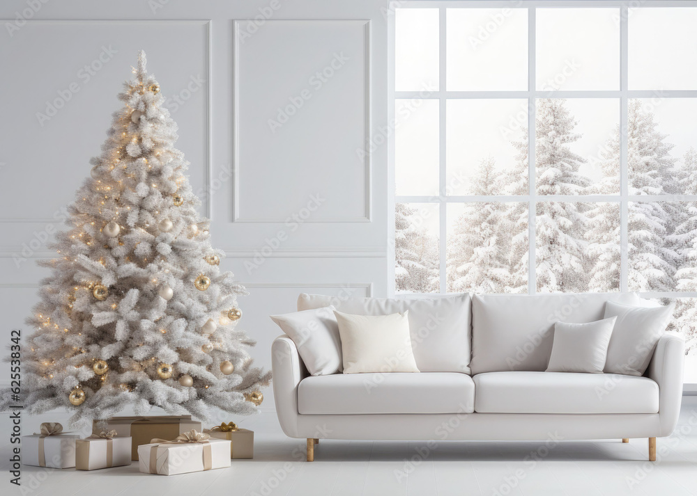 Minimalistic set of Christmas decorations. White Christmas tree decorated with white garlands. Minimalistic set of Christmas decorations. White Christmas tree decorated with white garlands.