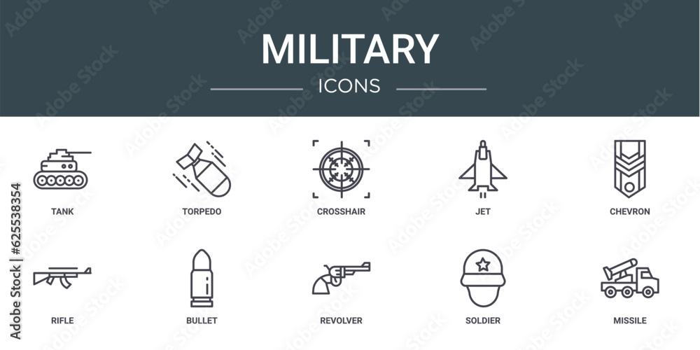 set of 10 outline web military icons such as tank, torpedo, crosshair, jet, chevron, rifle, bullet vector icons for report, presentation, diagram, web design, mobile app