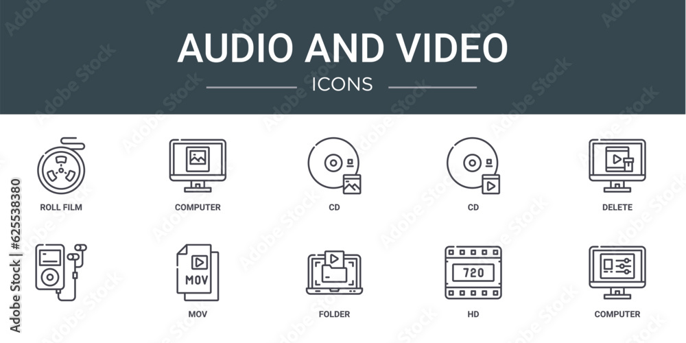 set of 10 outline web audio and video icons such as roll film, computer, cd, cd, delete, , mov vector icons for report, presentation, diagram, web design, mobile app